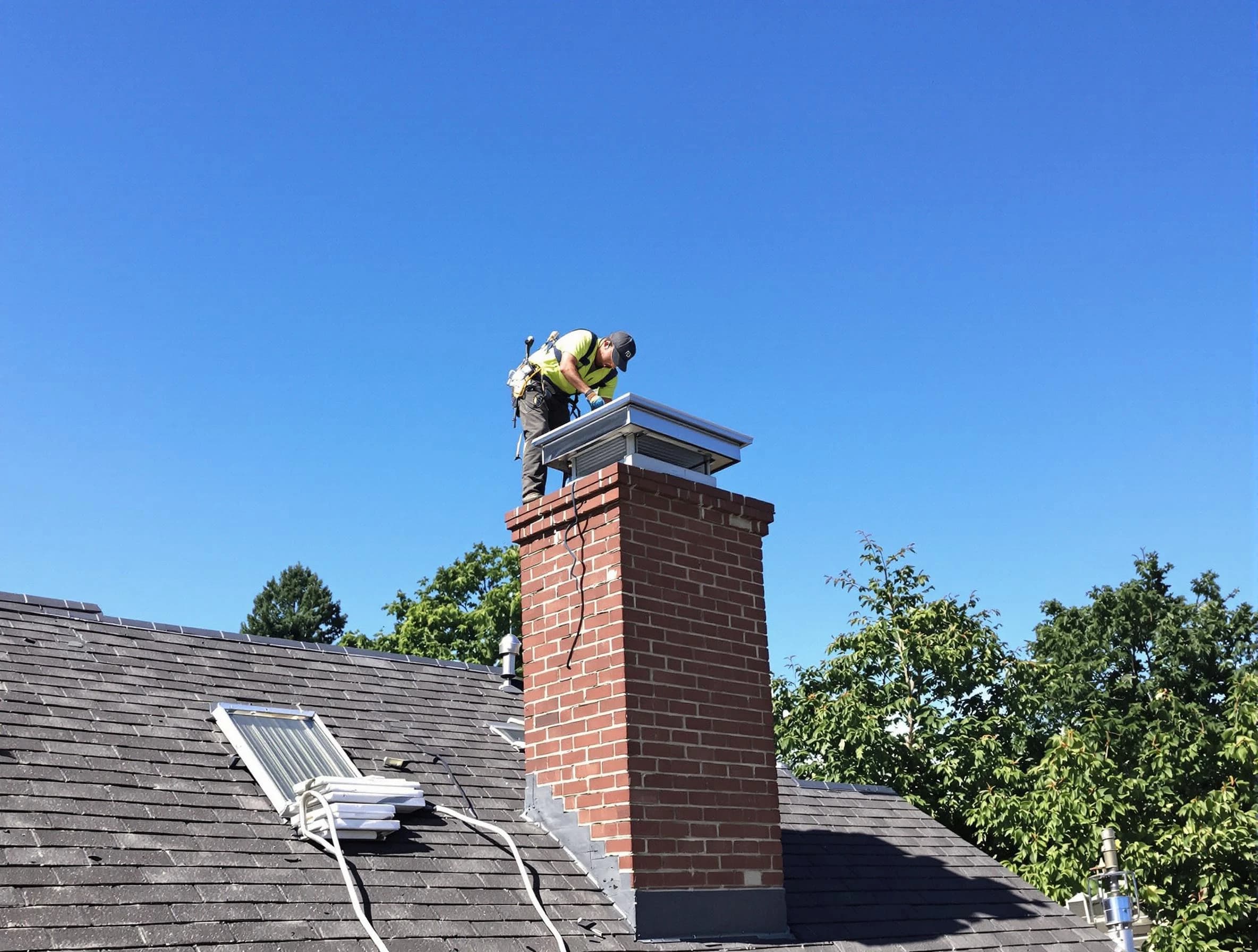 Decatur Chimney Sweep technician measuring a chimney cap in Decatur, GA